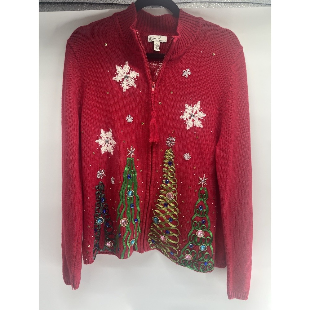 Vintage Christmas Sweater Size Medium Red Cardigan Snow Trees Ribbon Sequins XL
